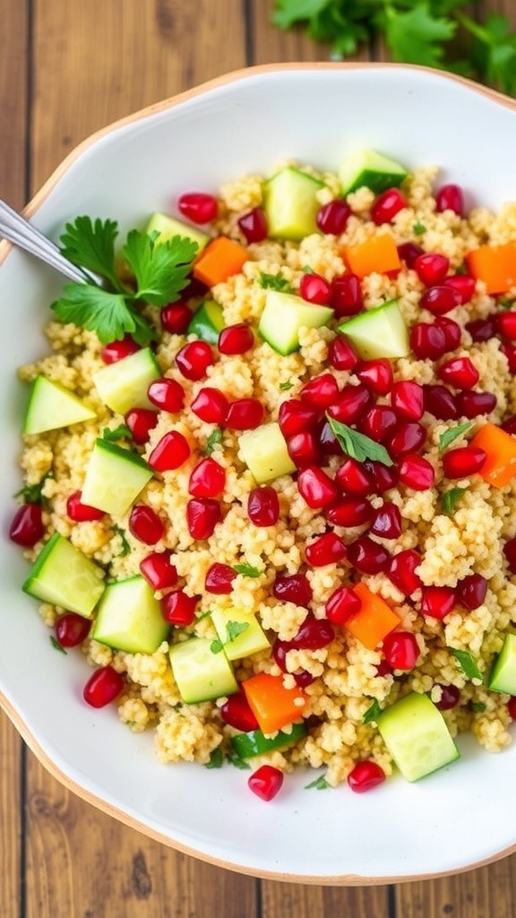 A colorful quinoa salad with pomegranate seeds, cucumbers, and bell peppers in a rustic bowl.